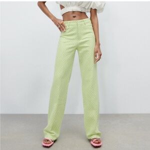 Zara gingham straight leg pants lime green NWT